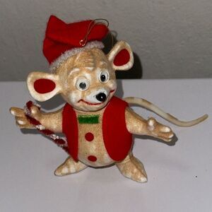 Vintage Flocked Plastic Mouse Christmas‎ Tree Ornament/ Red Outfit & Candy Cane